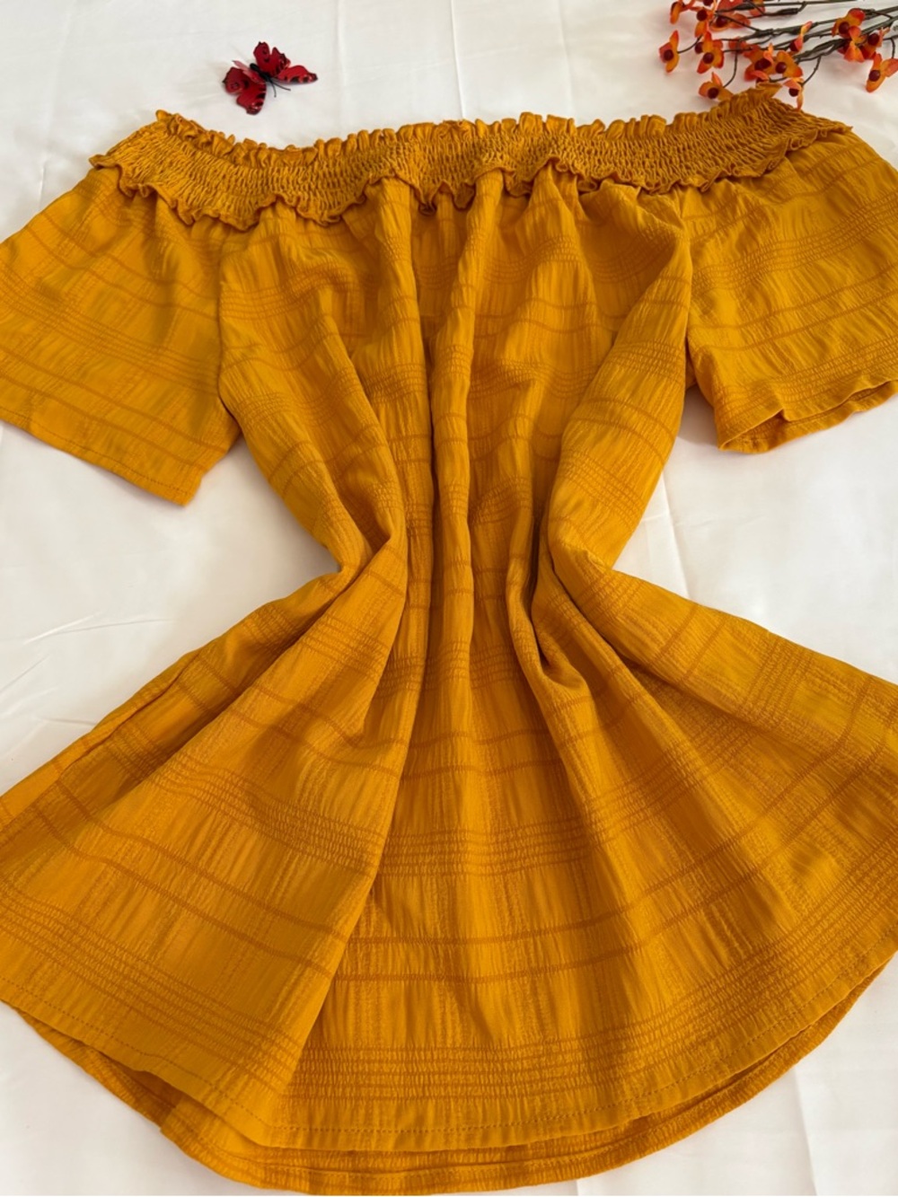 Mustard Yellow Off Shoulder Swing Blouse Summer Boho Tunic Flowy Top Size L